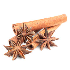 Star anise and cinnamon stick spice isolated on white background