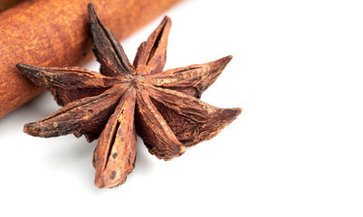Star anise and cinnamon stick spice isolated on white background