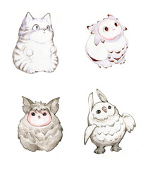 Watercolor and pencil illustration set of funny fluffy fantasy creatures, owls and cats isolated on white