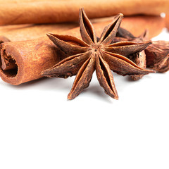 Star anise and cinnamon stick spice isolated on white background