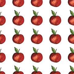 watercolor illustration. hand painted. seamless pattern of red little apples on a white background.