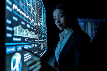 The woman works with graphics on a black monitor