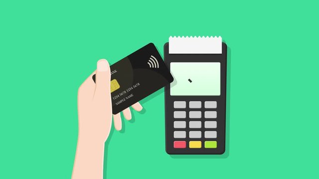 Contactless payment. Hand tapping card at the terminal during checkout in order to pay and receipt getting printed after successful transaction. Animation in flat design.