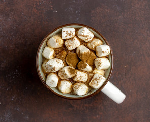 Hot chocolate with marshmallows in a white mug on a rusty background. Winter. Recipes.