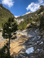 natural beautiful mountains view, hiking in mountains, clouds and forest