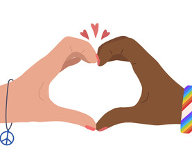 Obraz premium Hand drawn flat illustration of two woman hands with heart shape. Lesbian pair. Love couple. Greeting card for Valentines Day. Vector card for invitation, banner and your creativity