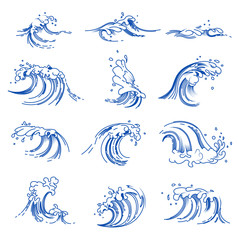 Fototapeta na wymiar Waves isolated icons, sea or ocean storm, beach tide