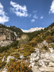 natural beautiful mountains view, hiking in mountains, clouds and forest