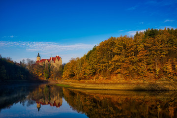Panoramic view on Czocha castle in autumn, Poland