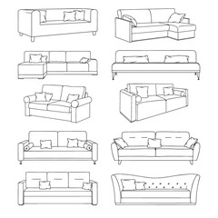 Sketch of sofas isolated on white background. Vector