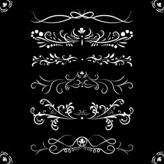 Victorian set white ornate page decor elements banners, frames, dividers, ornaments and patterns on black background. Vector Collection of Calligraphic swirl design elements