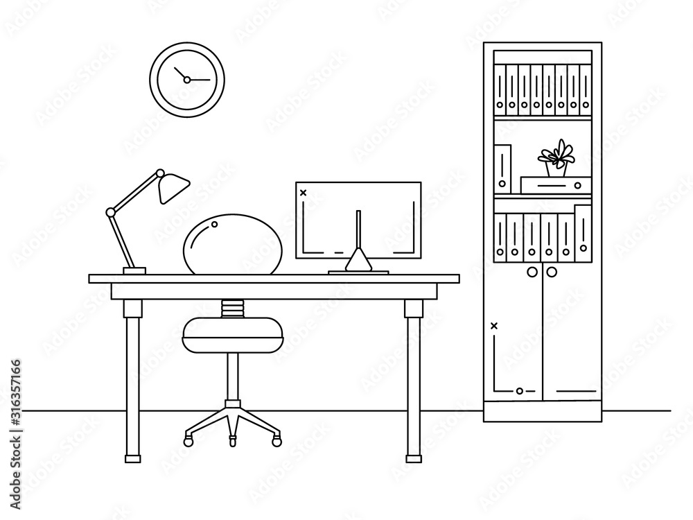 Fototapete Office in a linear style. Workplace with a computer.