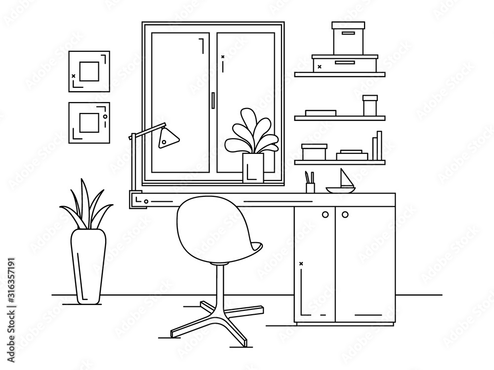 Poster office in a linear style. workplace with a computer.