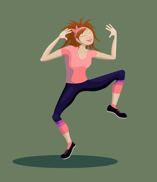 Funny cartoon girl character making aerobics dance workout in pink sport suit vector illustration. Good for fitness wellness health studio stickers, prints, posters, cards and invitations.