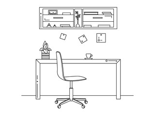Office in a linear style. Workplace with a computer. Vector
