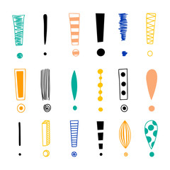 Big set of doodle drawings of exclamation mark.