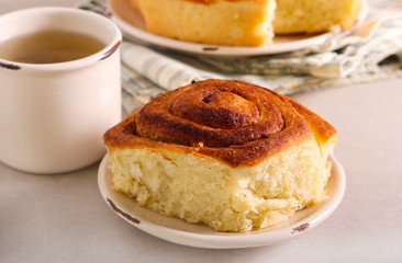 Freshly baked morning cinnamon rolls served