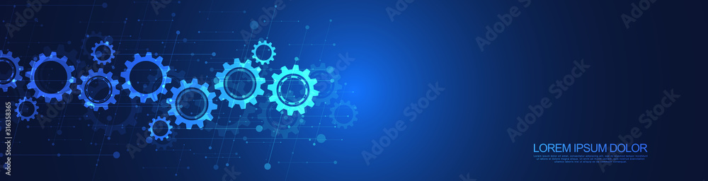 Wall mural cogs and gear wheel mechanisms. hi-tech digital technology and engineering. abstract technical backg