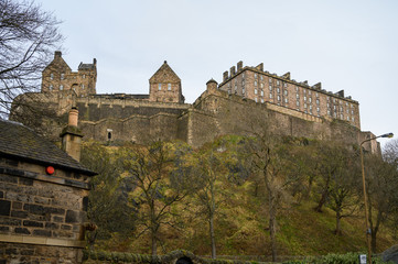 View on Castle hill in old part of Edinburgh city, capital of Scotland, in rainy winter day.