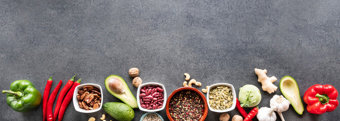 Healthy food selection on grey concrete background