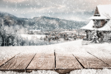 Desk of free space and winter landscape 