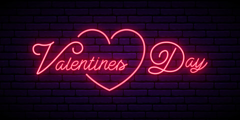 Valentine's Day neon signboard. Festive vector banner with pink color lettering. Vector greeting banner.