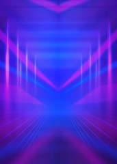 Empty dark abstract background. Background of empty show scene. Glow of neon lights and neon figures on an empty concert stage. Reflection of light on the pavement.