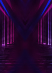 Empty dark abstract background. Background of empty show scene. Glow of neon lights and neon figures on an empty concert stage. Reflection of light on the pavement.