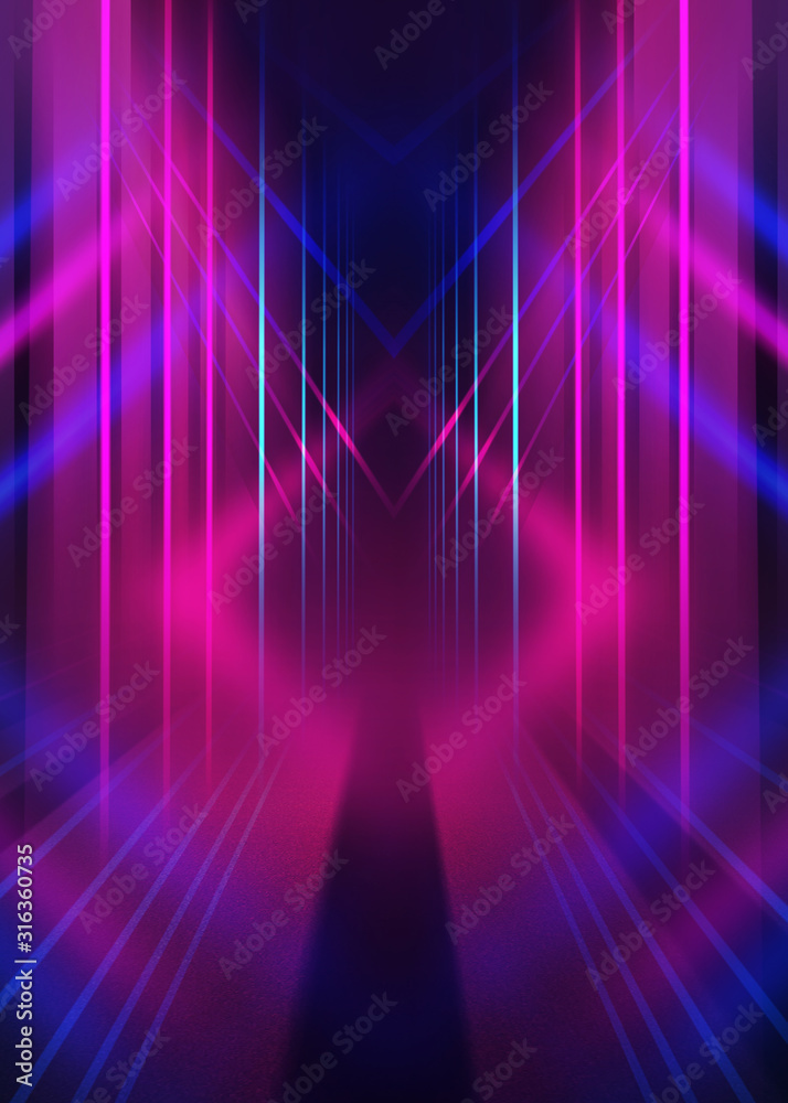 Wall mural empty dark abstract background. background of empty show scene. glow of neon lights and neon figures