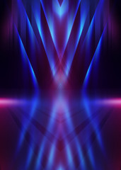 Obraz premium Empty dark abstract background. Background of empty show scene. Glow of neon lights and neon figures on an empty concert stage. Reflection of light on the pavement.