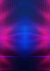 Empty dark abstract background. Background of empty show scene. Glow of neon lights and neon figures on an empty concert stage. Reflection of light on the pavement.