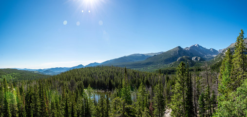 panorama rocky mountain national park at bear lake pine forest with rocky mountain range in the background