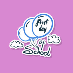 Back to school sticker with balloons on lilac background. Vector illustration