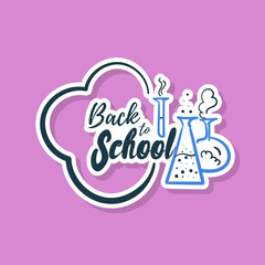 Back to school sticker with flasks on lilac background. Vector illustration