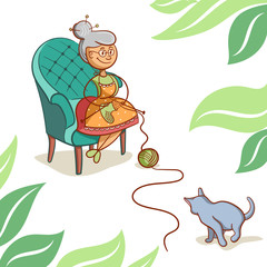 Grandmother in a chair knits socks, cat plays with a ball of thread. Vector illustration