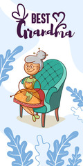 Vertical banner. Grandmother in a chair knits socks. Vector illustration