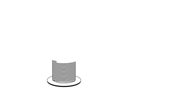 Self drawing sewing spool, stitchings, needle. Concept of sewing, sartorial art. Animation, sketch, line art. Copy space. White background.