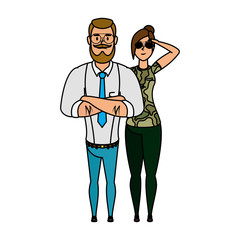 young man bearded with military woman characters