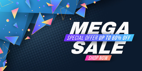 Web banner for Mega Sale. Template for your business project. Geometric design from random polygonal shapes in 3D style. Vector illustration