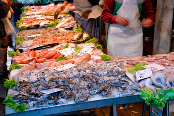 Fresh seafood ant Rialto street fish market in Venice.