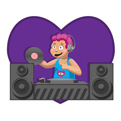 DJ with album DJ Desk mixing the music of the dynamics of the heart. Vector image. Cartoon.