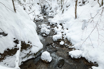 The Kamacnik River covered in deep snow, Croatia