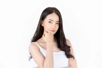 Fototapeta premium Young asian woman has smiling face and bright skin tone.Asian woman standing with isolated white background.