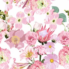 Seamless floral pattern with many kind of pink flowers: eustoma, lilies, peony, protea on white background. 