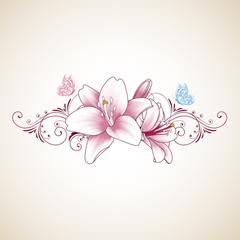 Floral abstract background frame with hand-drawn lily flowers and butterfly. Element for invitations, greetings, cards.