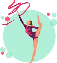 Young girl rhythmic gymnastics with ribbon vector illustration. Training performance strength gymnastics. Championship workout rhythmic gymnastics beautiful character.Women Acrobatic Gymnastics, flat