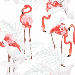 Pink flamingo, graphic palm leaves, white background. Floral seamless pattern. Tropical illustration. Exotic plants, birds. Summer beach design. Paradise nature.