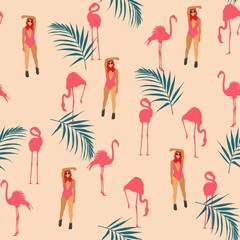 Obraz premium Patterns with girls in a flat style swimsuit sunbathing and Flamingo pattern suitable for fabric and textile. Seamless texture.