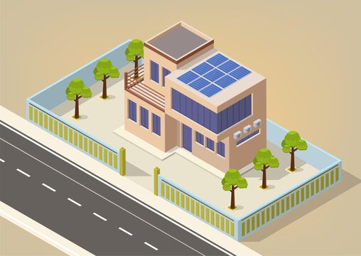 isometric house with solar panels and trees clip art preview