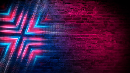 Old brick wall with neon lights. Neon shapes on brick wall background. Dark empty room with brick walls.